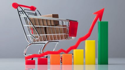 Koszyk z zakupami i wykresy gospodarcze