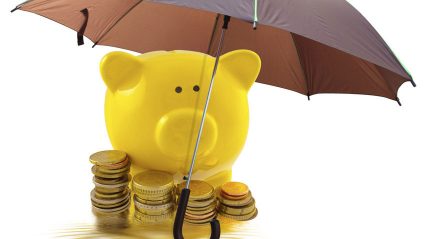 Żółta świnka, skarbonka pod parasolem z monetami