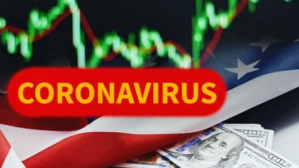 Koronawirus i dolary na tle wykresu gospodarczego