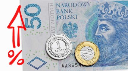 Polskie pieniądze, procent i strzałka w górę