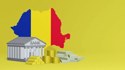 Bank i pieniądze na tle flagi Rumunii