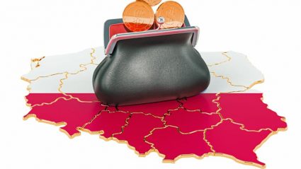 Portfel z pieniędzmi na tle Polski na mapie
