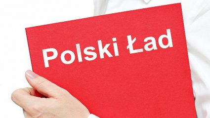 człowiek trzymajacy broszurę z napisem Polski Ład