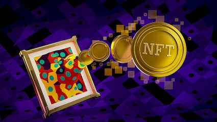 wirtualny obraz i moneta z napisem NFT, token