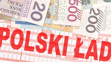 napis Polski Ład na formularzu podatkowym, banknoty