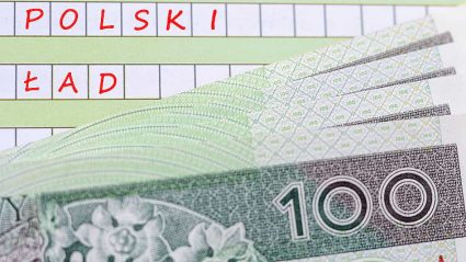 napis Polski Ład na blankiecie podatkowym, banknoty 100 zł