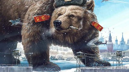 Rosja, niedźwiedź w czapce żołnierza na tle Kremla