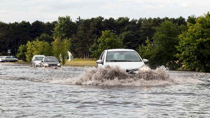 samochody próbujace przejechać zalaną drogę