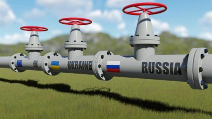 Gazociąg z flagami Rosji, Ukrainy i UE