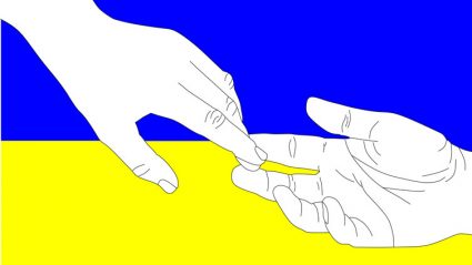 Pomocna dłoń na tle flagi Ukrainy