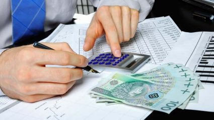 Mężczyzna liczący na kalkulatorze, pieniądze i wykresy gospodarcze