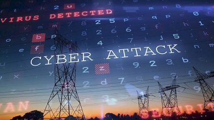 napis cyber attack, na tle linii i słupów energetycznych