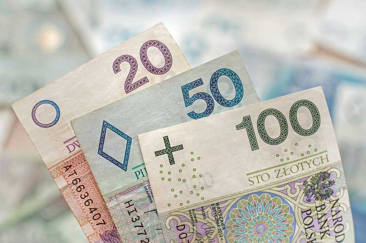Banknoty o nominałach 20, 50 i 100 zł leżą na pierwszym planie