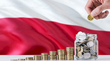 stosy monet na tle flagi Polski