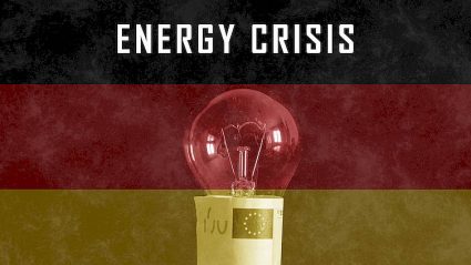 niemiecka flaga, napis kryzys energetyczny, żarówka, logo UE