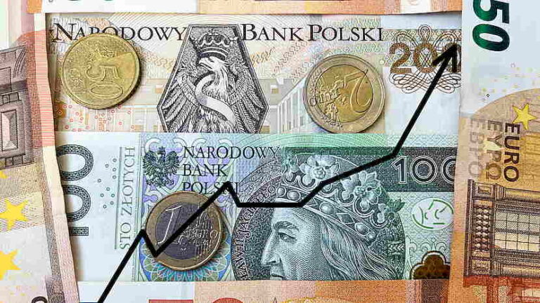 banknoty euro i zł, wektor w górę