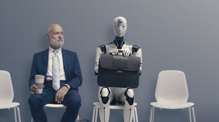 mężczyzna w garniturze siedzący na krześle, obok robot z teczką