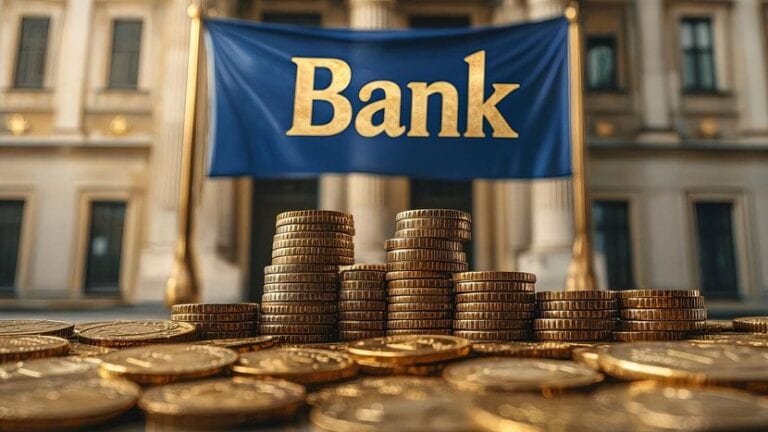 wirtualny obraz banku, napis BANK, monety