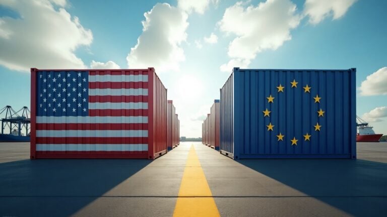cła, kontener z flagą USA i kontener z flagą UE