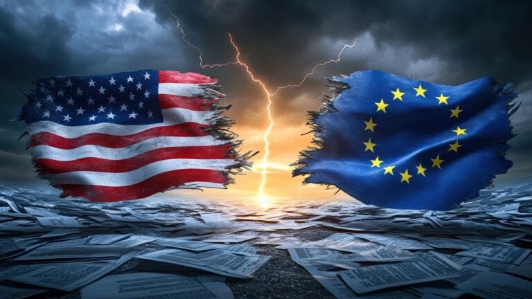 flagi USA i UE, miedzy nimi piorun, wokół kartki