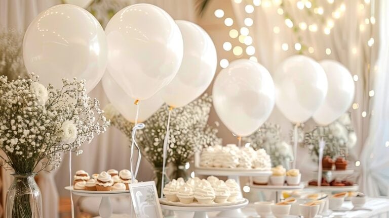 stół w restauracji, przyjęcie komunijne, białe balony